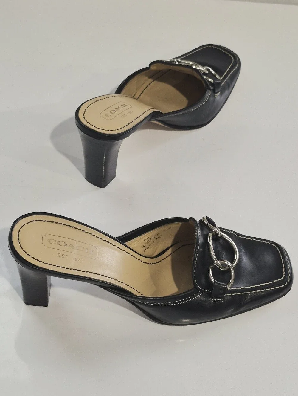 Coach Jacie Vintage Black Leather Ring-Detail Mule Heels Size 8B